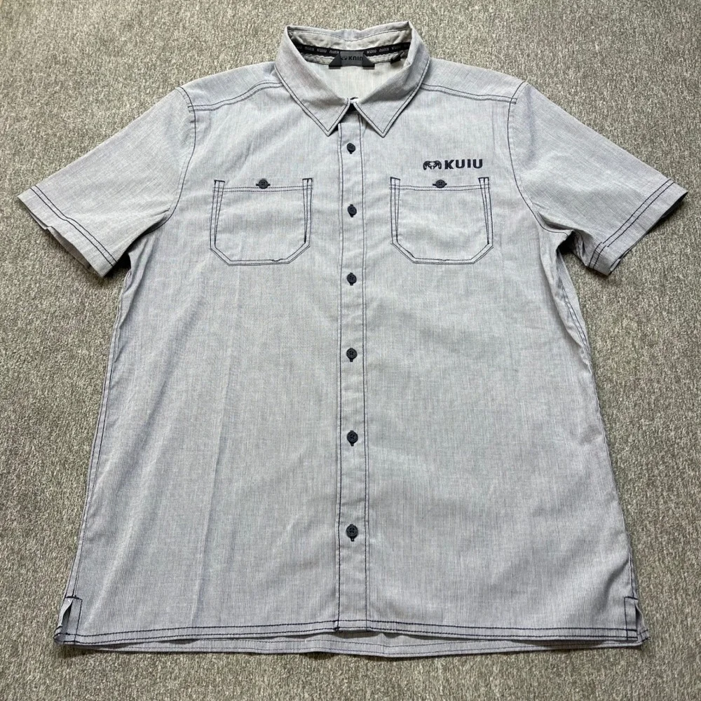 Kuiu Basin Short-Sleeve Button-Down Shirt Mens Grey Micro Stripe Medium - Picture 3 of 10